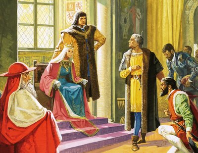 Unidentified scene with man kneeling before the Queen and her courtiers by English School